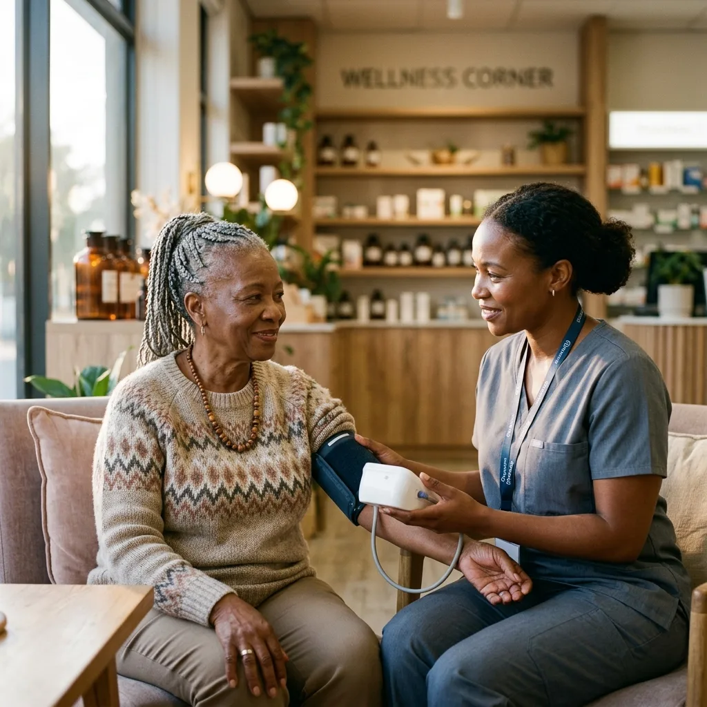 Pharmacist measuring an elderly customer's blood pressure