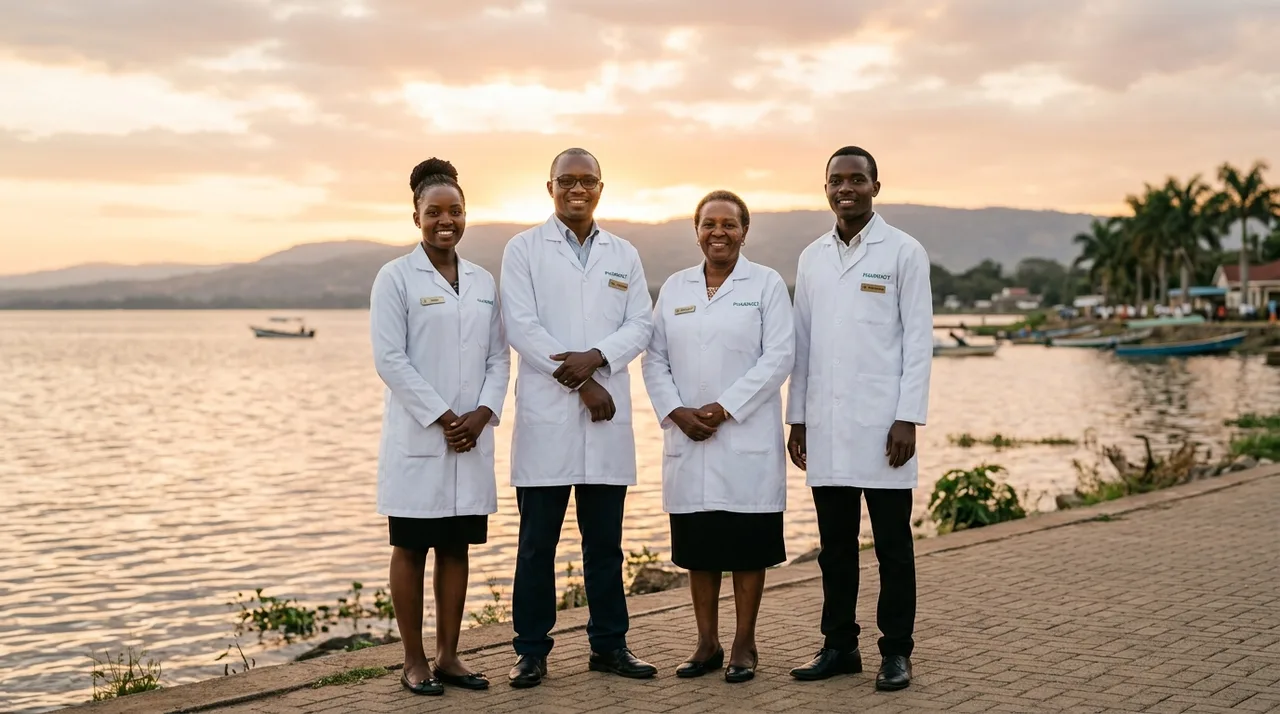 Lakepharm staff by the Lake Victoria waterfront in Kisumu