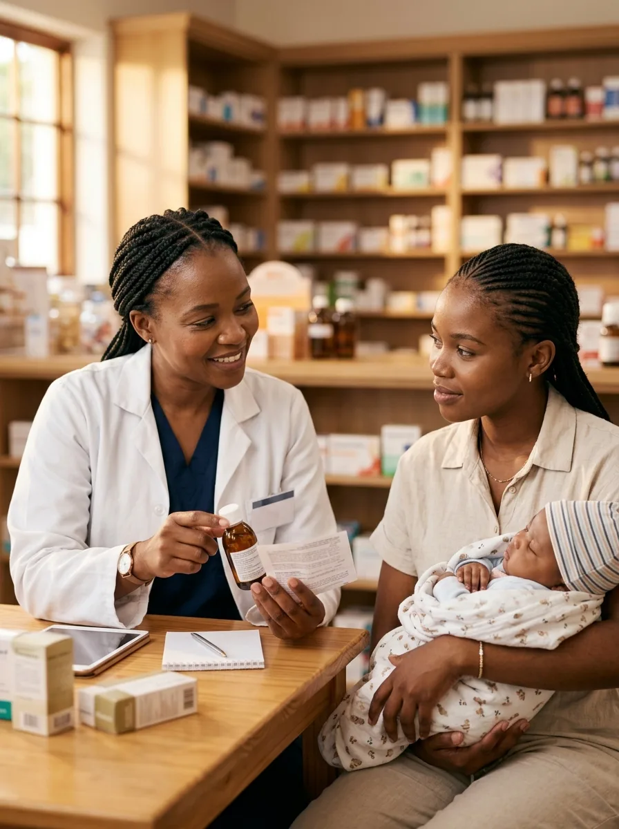 Pharmacist advising a mother holding her baby