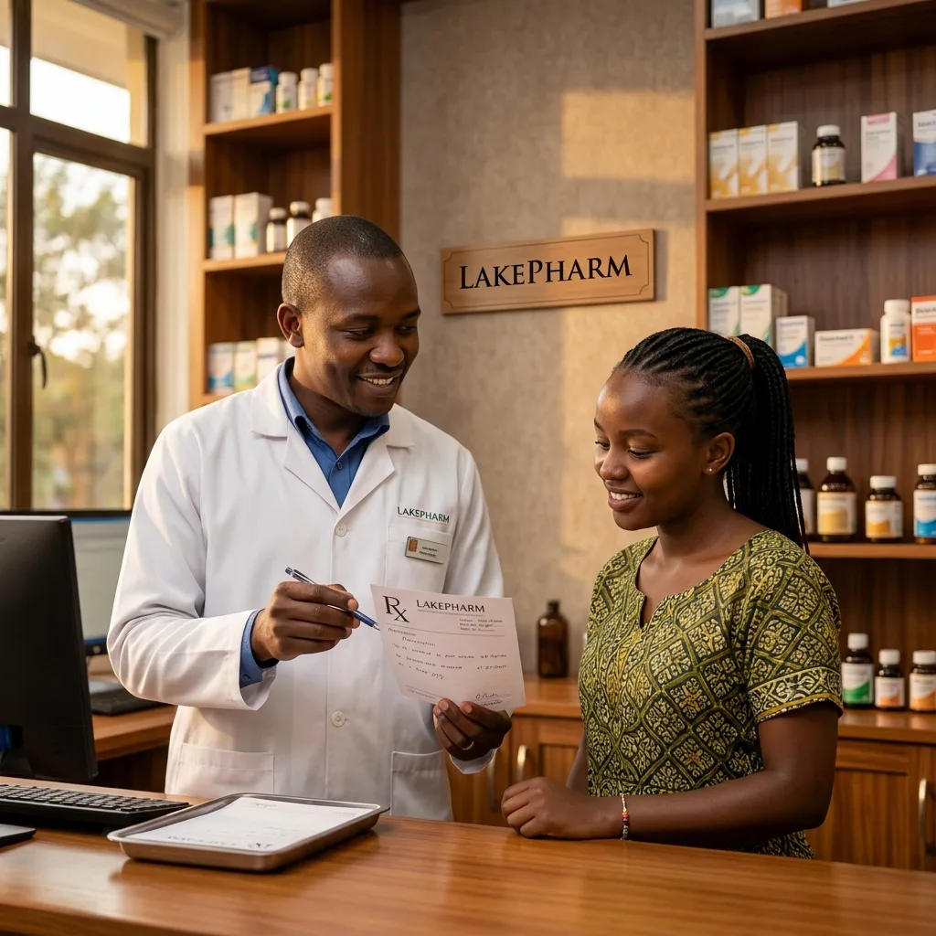 Pharmacist reviewing a prescription with a customer