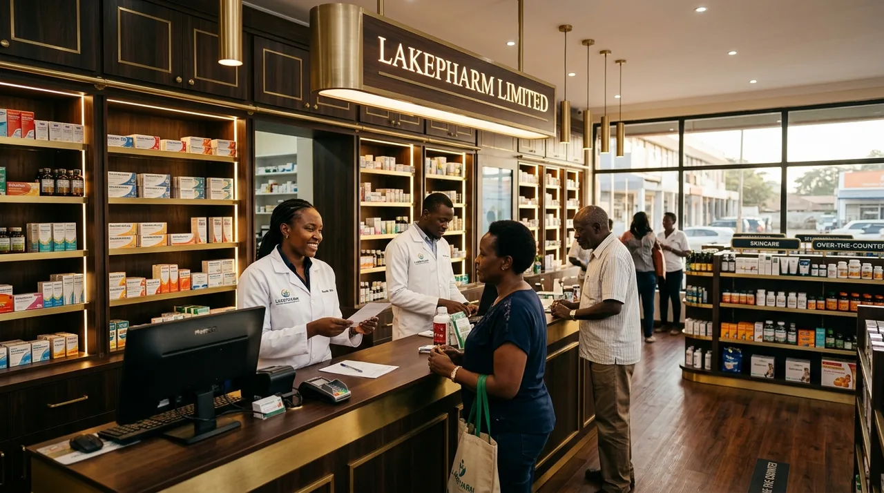 Premium Lakepharm pharmacy interior with warm gold-accented shelving