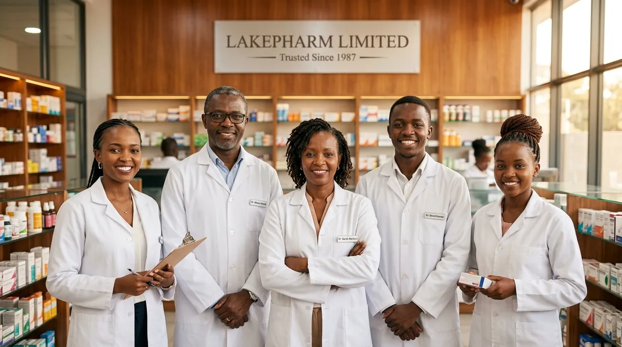 Team of Lakepharm pharmacists in white coats
