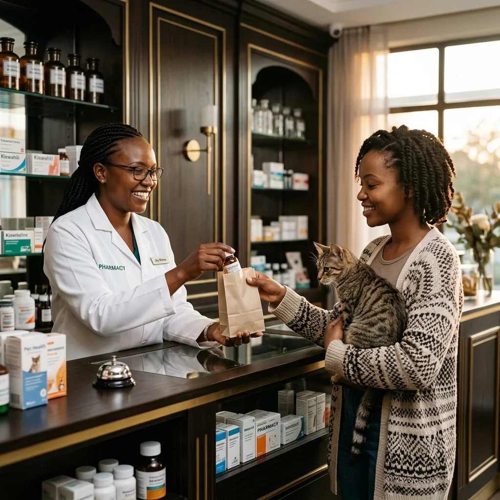 Pet owner collecting cat medicine at the pharmacy counter