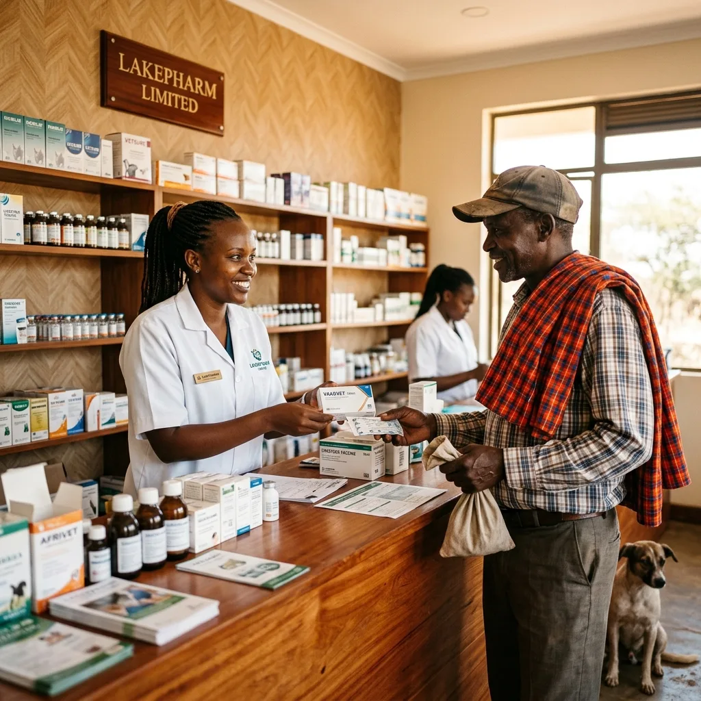Pharmacist dispensing veterinary medicines to a farmer