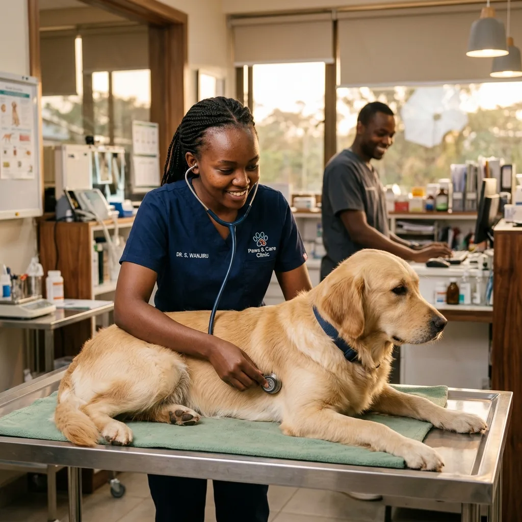 Veterinarian examining a golden retriever with a stethoscope