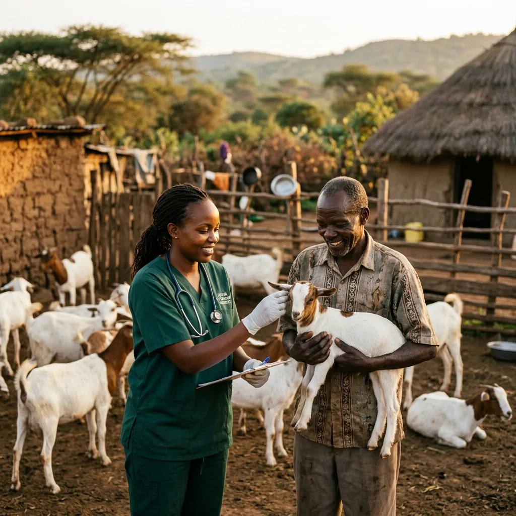 Veterinarian performing a health check on goats at a Kenyan homestead